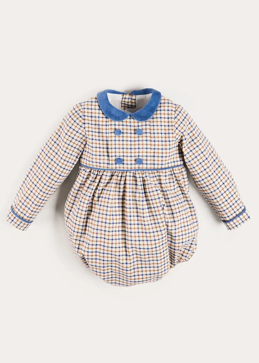 Thirleby Check Velvet Peter Pan Collar Long Sleeve Romper in Blue (6mths-3yrs) Rompers from Pepa London