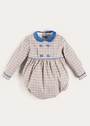 Thirleby Check Velvet Peter Pan Collar Long Sleeve Romper in Blue (6mths-3yrs) Rompers from Pepa London