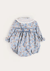 Beatrice Floral Hand Smocked Double Breasted Romper in Blue (6mths-3yrs) Rompers from Pepa London