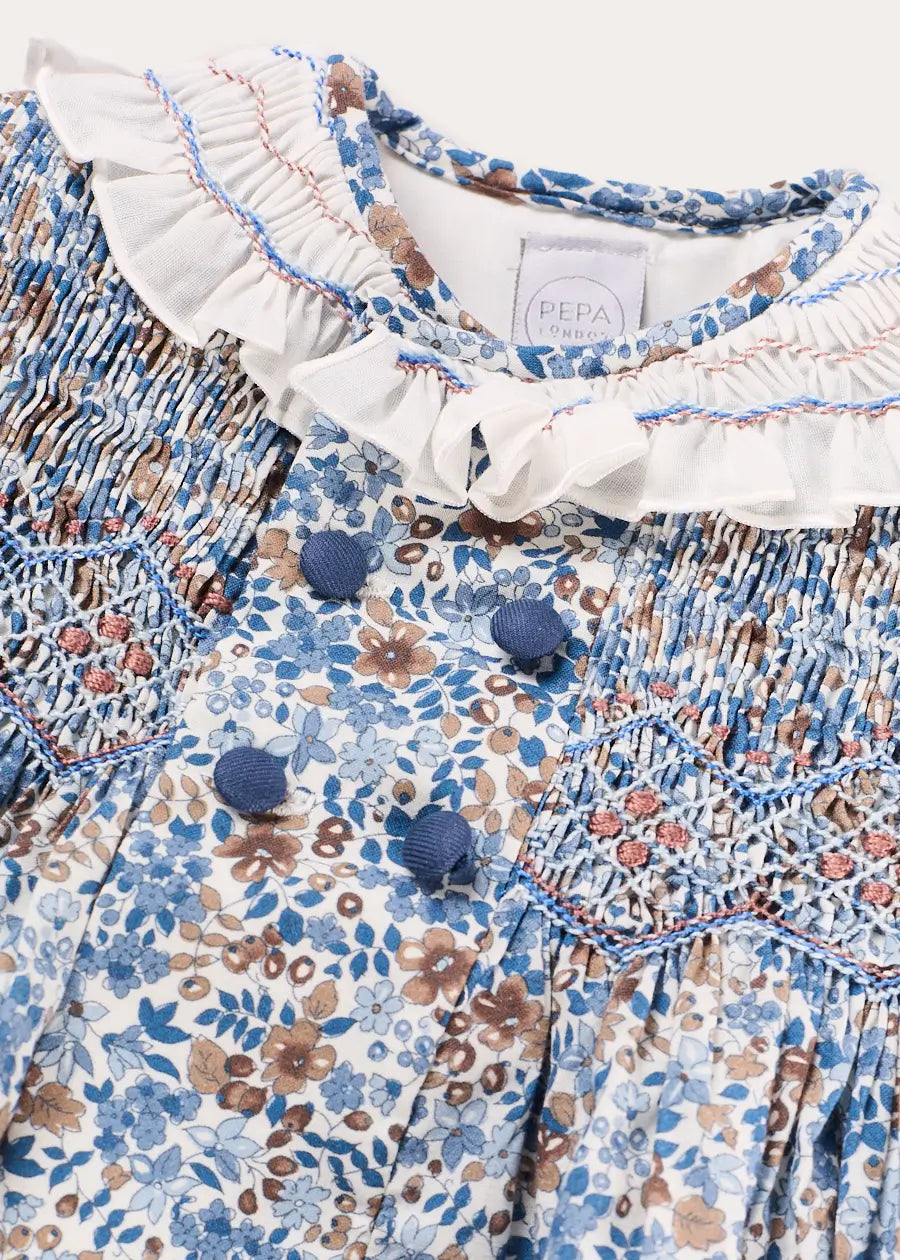 Beatrice Floral Hand Smocked Double Breasted Romper in Blue (6mths-3yrs) Rompers from Pepa London