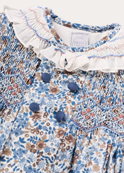 Beatrice Floral Hand Smocked Double Breasted Romper in Blue (6mths-3yrs) Rompers from Pepa London