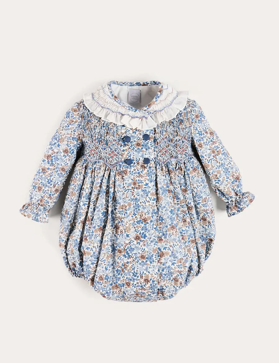 Beatrice Floral Hand Smocked Double Breasted Romper in Blue (6mths-3yrs) Rompers from Pepa London