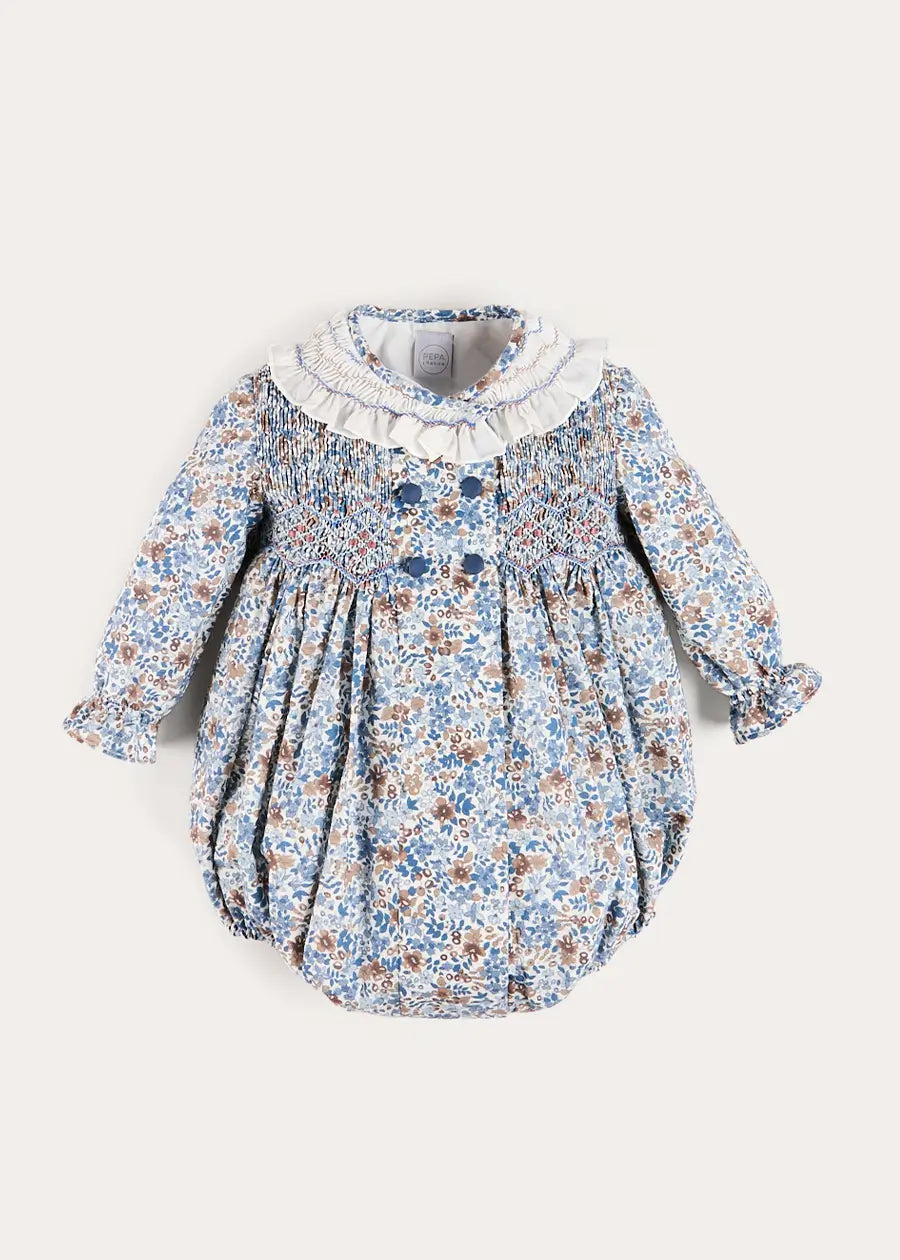 Beatrice Floral Hand Smocked Double Breasted Romper in Blue (6mths-3yrs) Rompers from Pepa London