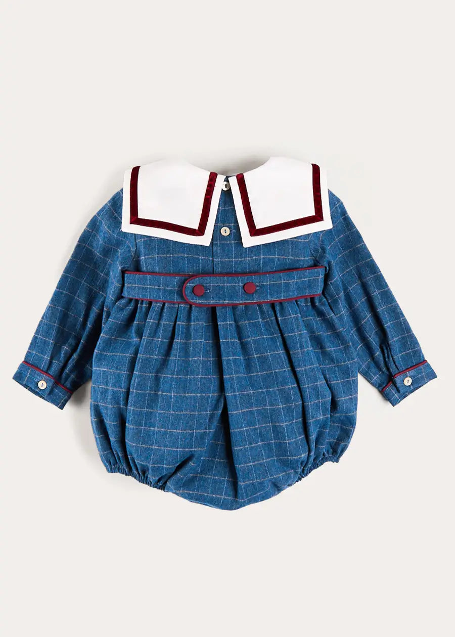 Moreton Check Mariner Collar Long Sleeve Romper in Blue (6mths-2yrs) Rompers from Pepa London