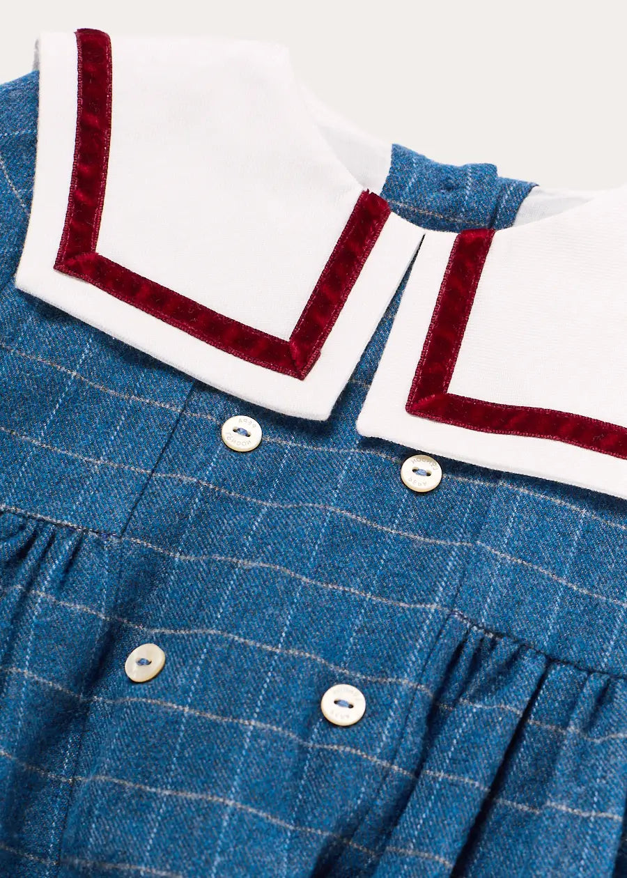 Moreton Check Mariner Collar Long Sleeve Romper in Blue (6mths-2yrs) Rompers from Pepa London