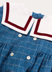 Moreton Check Mariner Collar Long Sleeve Romper in Blue (6mths-2yrs) Rompers from Pepa London