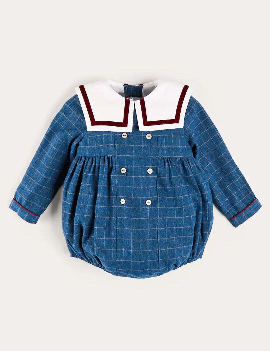 Moreton Check Mariner Collar Long Sleeve Romper in Blue (6mths-2yrs) Rompers from Pepa London