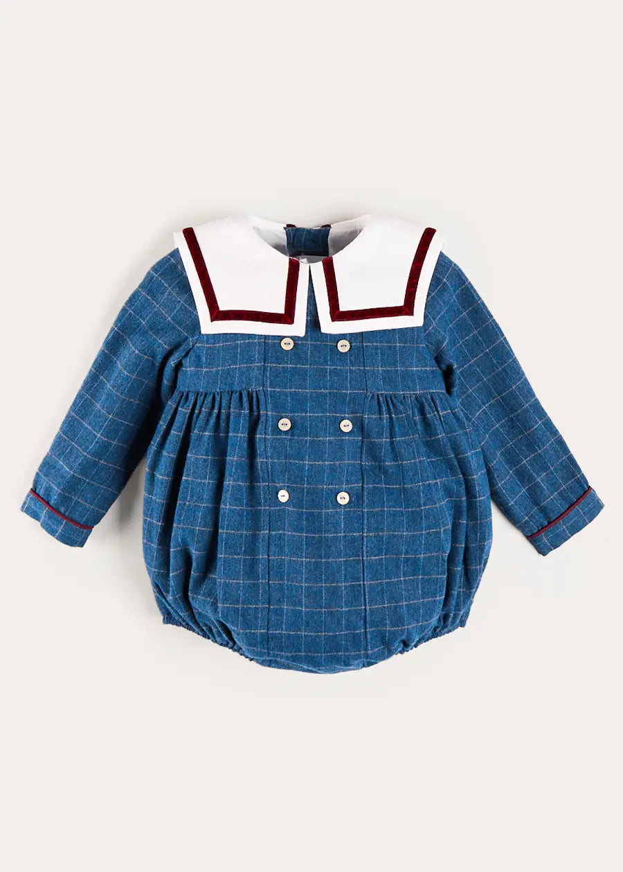 Moreton Check Mariner Collar Long Sleeve Romper in Blue (6mths-2yrs) Rompers from Pepa London