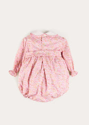 Nellie Floral Hand Smocked Long Sleeve Romper in Pink (6mths-2yrs) Rompers from Pepa London