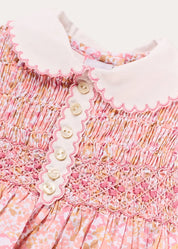 Nellie Floral Hand Smocked Long Sleeve Romper in Pink (6mths-2yrs) Rompers from Pepa London
