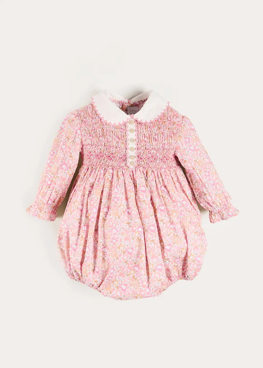 Nellie Floral Hand Smocked Long Sleeve Romper in Pink (6mths-2yrs) Rompers from Pepa London
