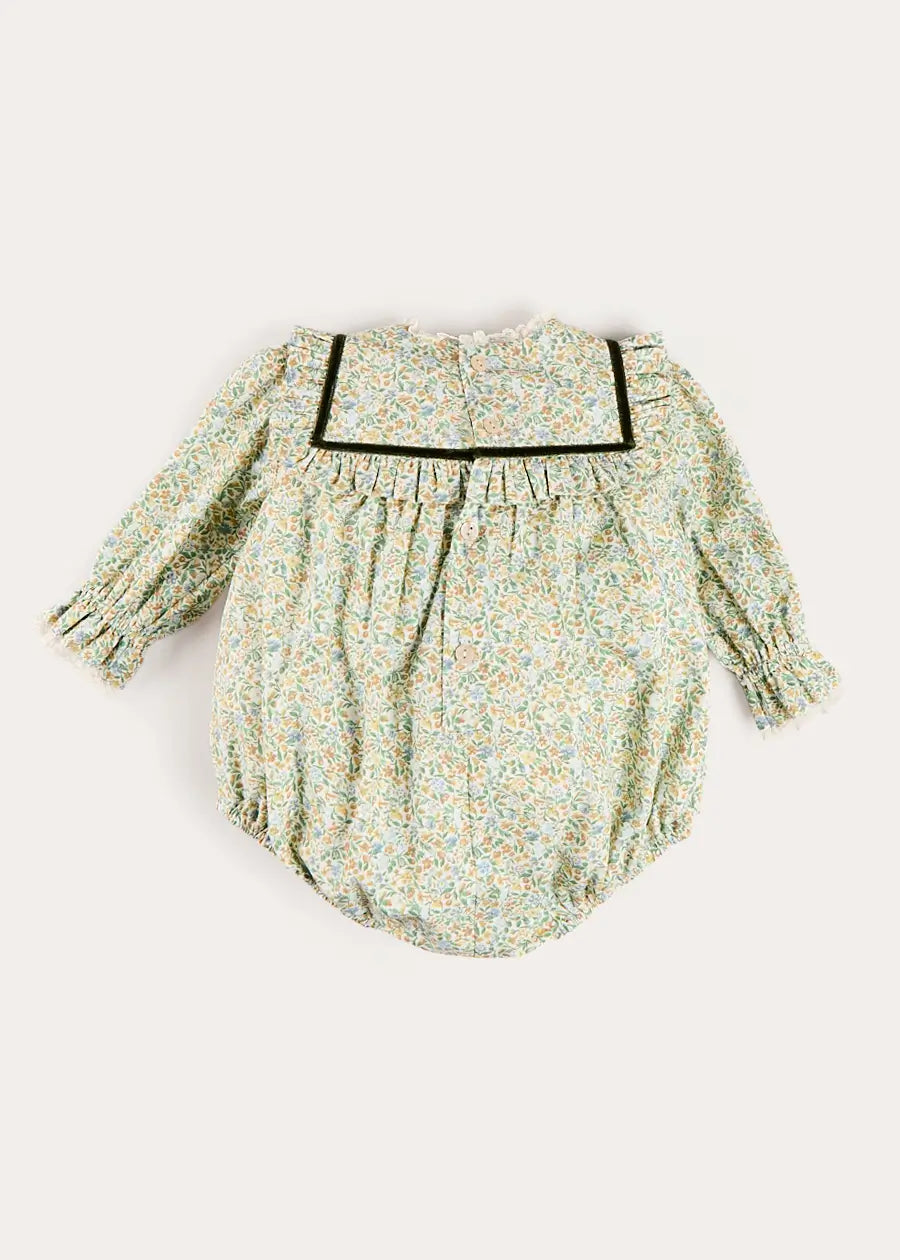 Adelaide Floral Velvet Bow Lace Trim Long Sleeve Romper in Green (6mths-3yrs) Rompers from Pepa London