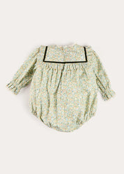 Adelaide Floral Velvet Bow Lace Trim Long Sleeve Romper in Green (6mths-3yrs) Rompers from Pepa London