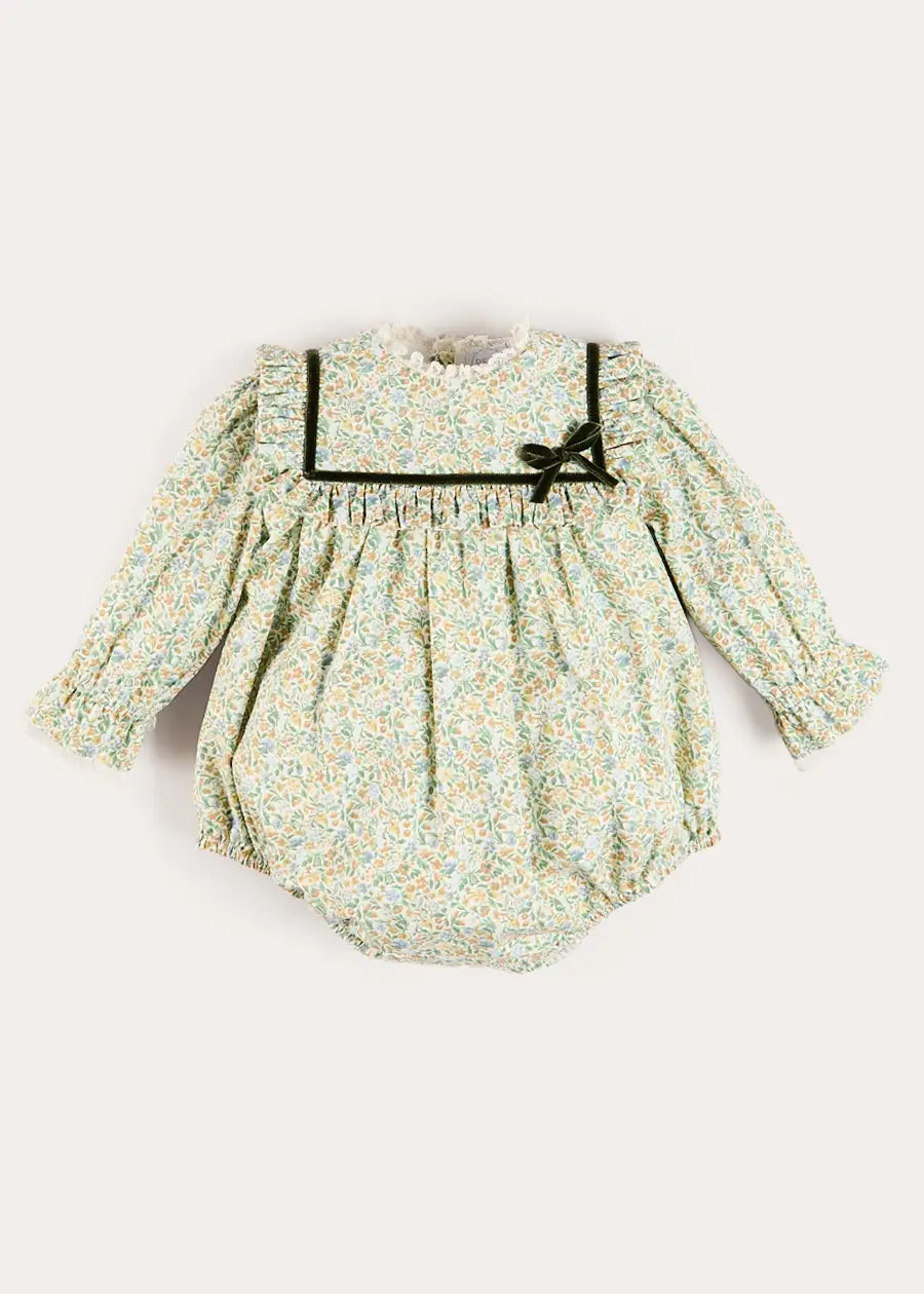 Adelaide Floral Velvet Bow Lace Trim Long Sleeve Romper in Green (6mths-3yrs) Rompers from Pepa London