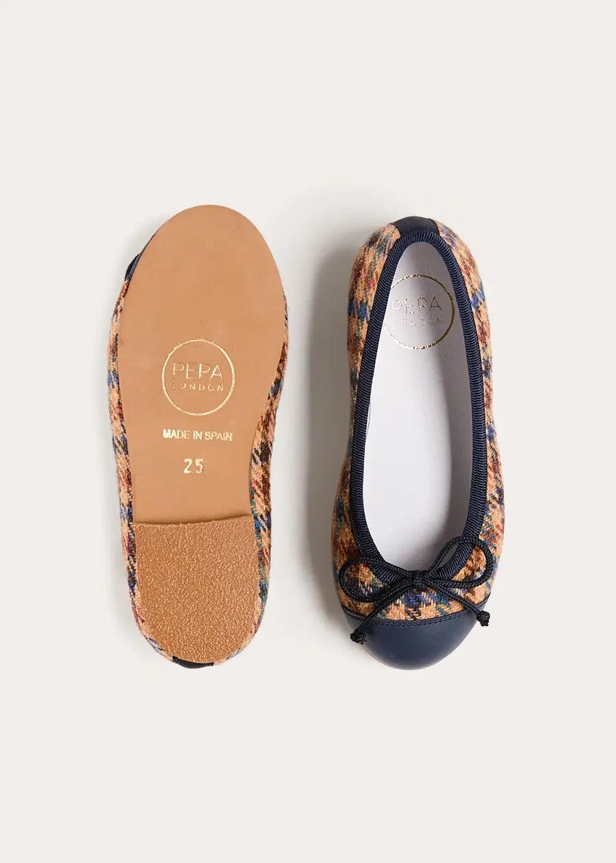 Vincent Check Tweed Ballerina Shoes in Brown (24-35EU) Shoes from Pepa London