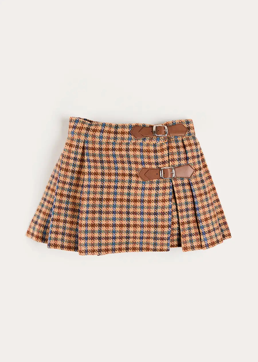 Vincent Check Buckle Detail Pleated Skirt in Brown (2-12yrs) Skirts from Pepa London