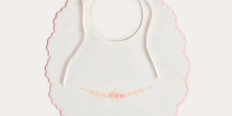 Floral Hand Embroidered Scallop Edge Rounded Bib in Pink ACCESSORIES from Pepa London