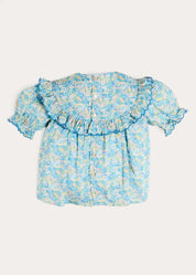 Leontyne Floral Scalloped Smocked Detail Short Sleeve Blouse in Blue Made with Liberty Fabric (2- 10yrs) Blouses from Pepa London