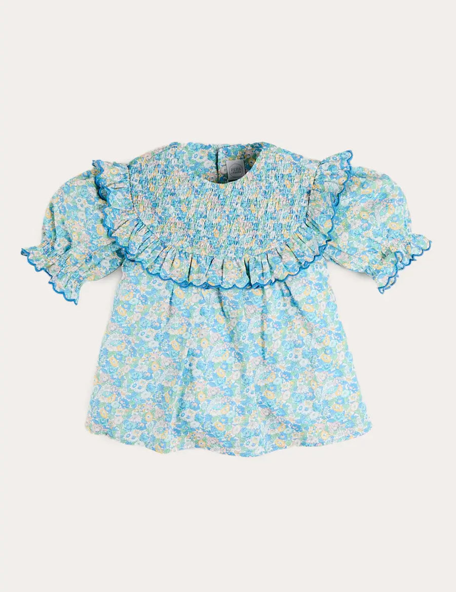 Leontyne Floral Scalloped Smocked Detail Short Sleeve Blouse in Blue Made with Liberty Fabric (2- 10yrs) Blouses from Pepa London