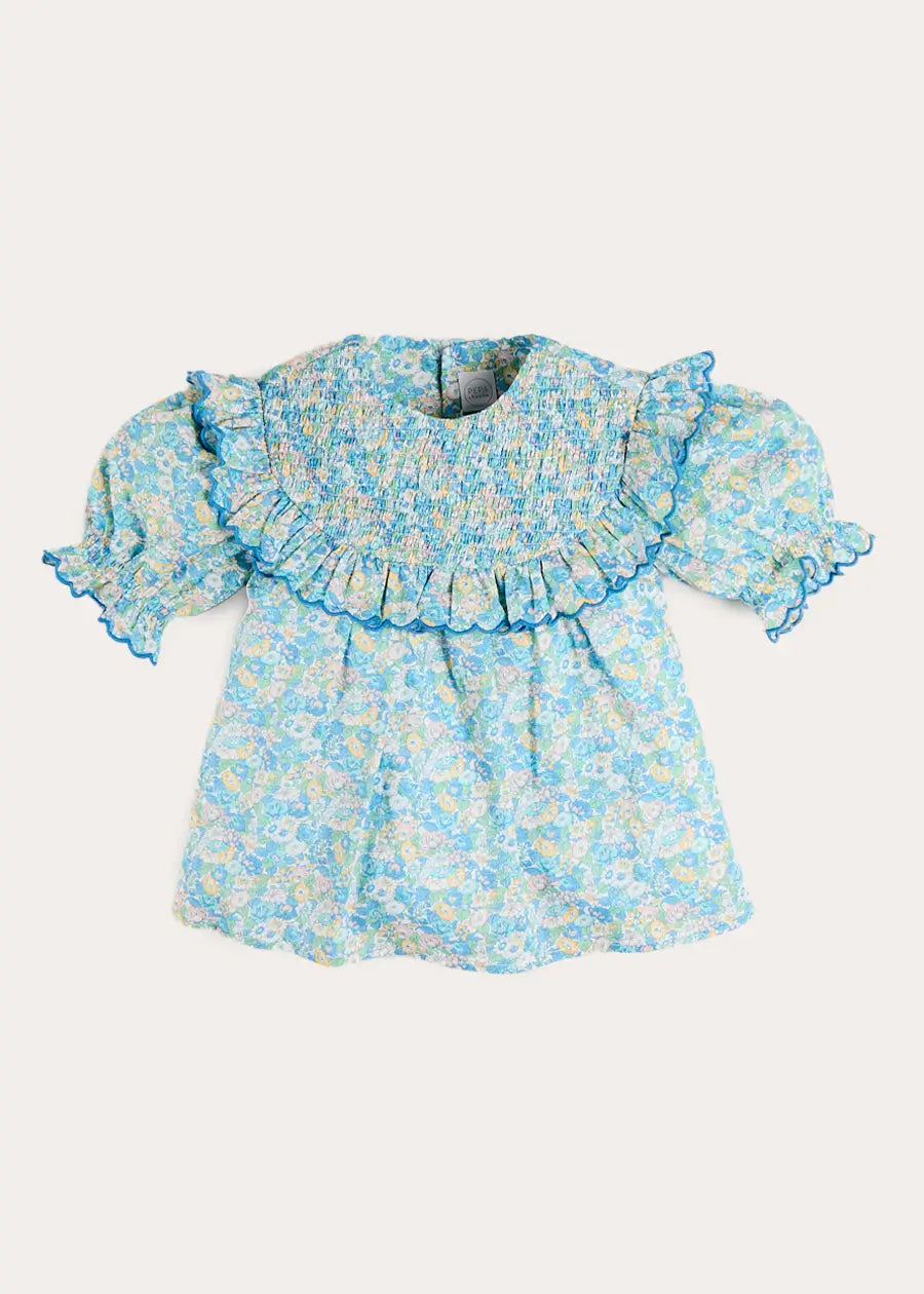 Leontyne Floral Scalloped Smocked Detail Short Sleeve Blouse in Blue Made with Liberty Fabric (2- 10yrs) Blouses from Pepa London