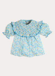 Leontyne Floral Scalloped Smocked Detail Short Sleeve Blouse in Blue Made with Liberty Fabric (2- 10yrs) Blouses from Pepa London