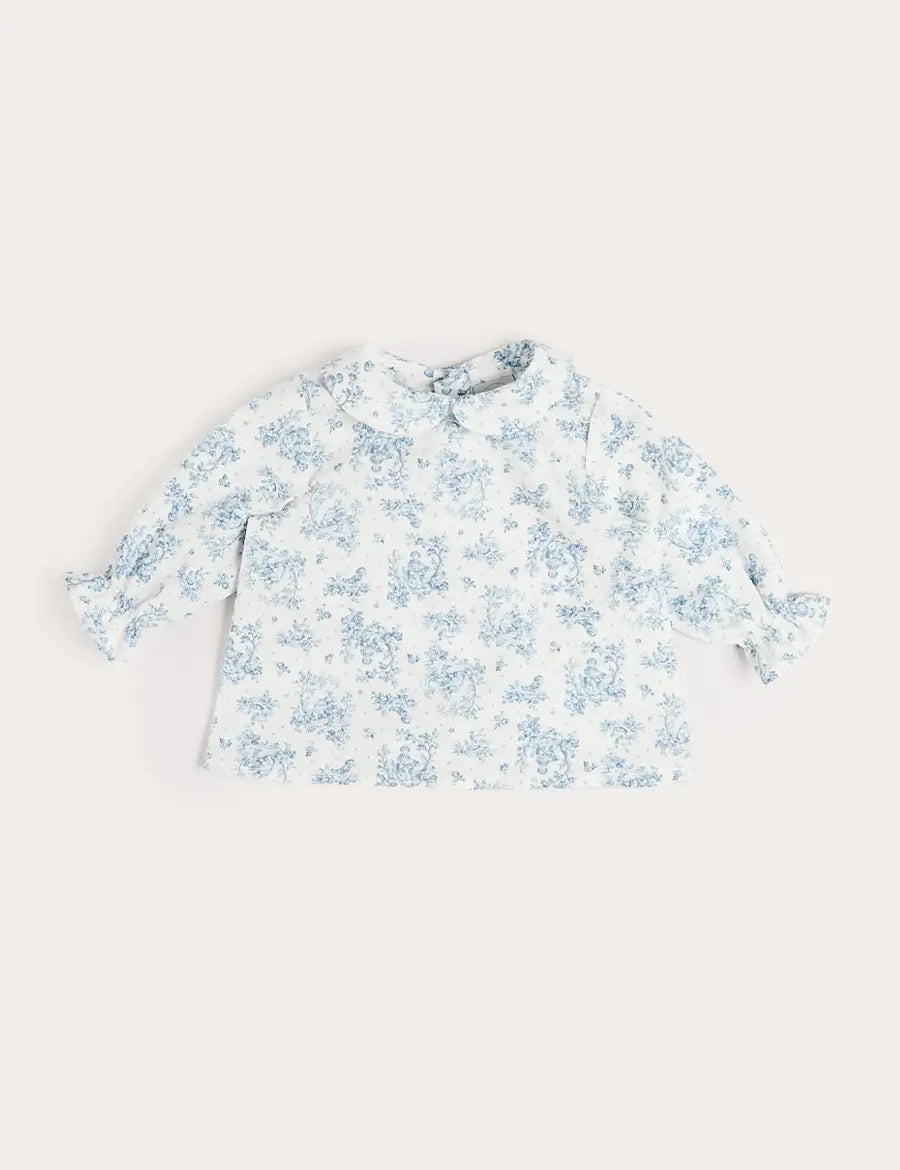 Audrey Toile Peter Pan Collar Long Sleeve Blouse in Blue (1mth-12mths) Blouses from Pepa London