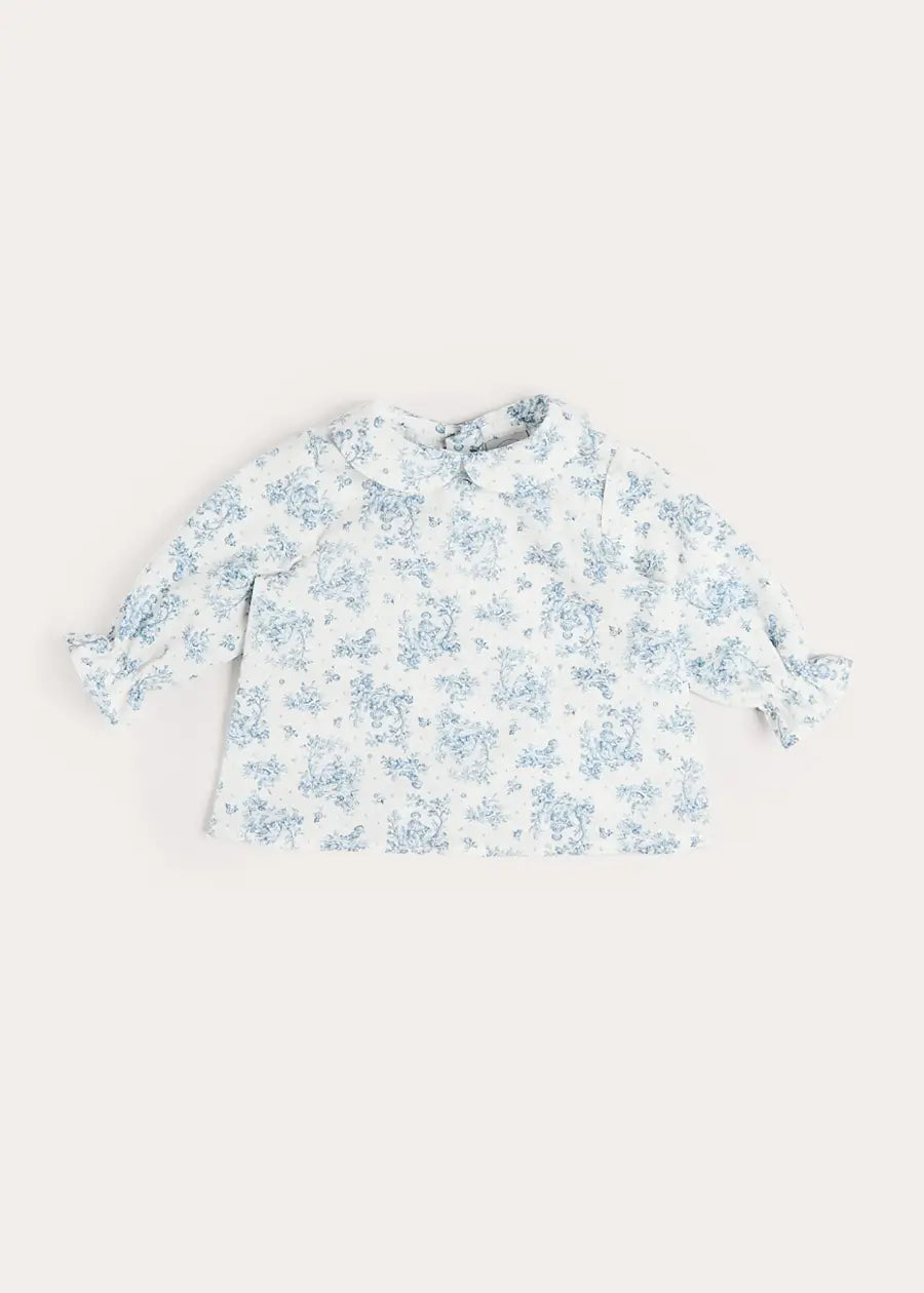 Audrey Toile Peter Pan Collar Long Sleeve Blouse in Blue (1mth-12mths) Blouses from Pepa London