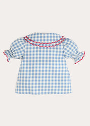 Darby Gingham Scallop Layered Collar Short Sleeve Blouse in Blue (18mths-12yrs) Blouses from Pepa London