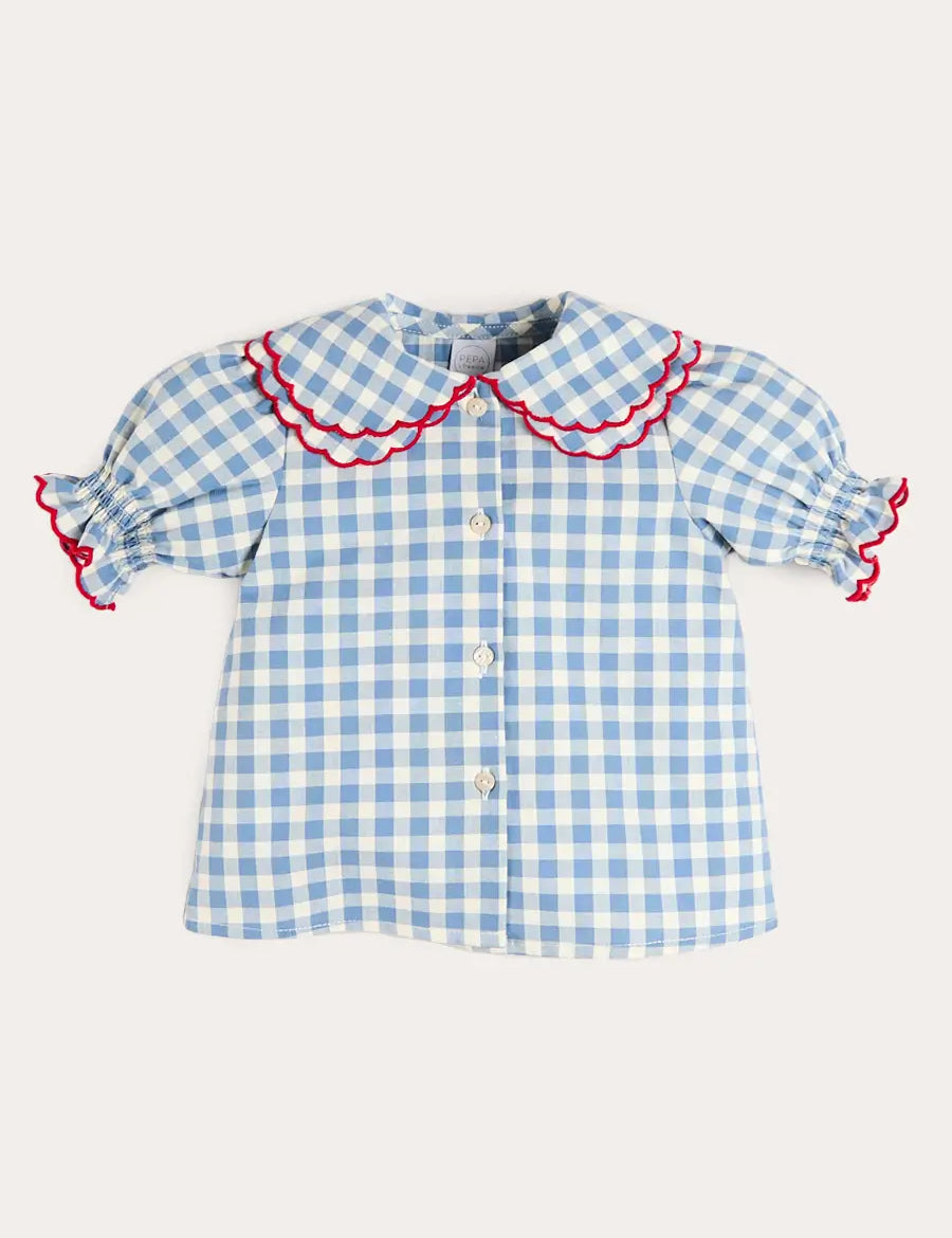 Darby Gingham Scallop Layered Collar Short Sleeve Blouse in Blue (18mths-12yrs) Blouses from Pepa London