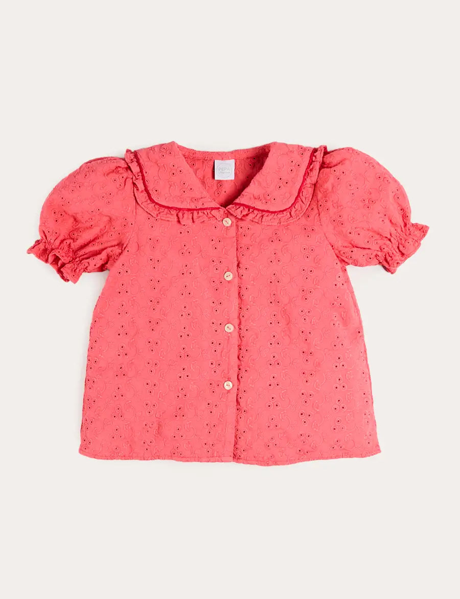 Broderie Anglaise Mariner Collar Blouse in Strawberry (4-12yrs) Blouses from Pepa London