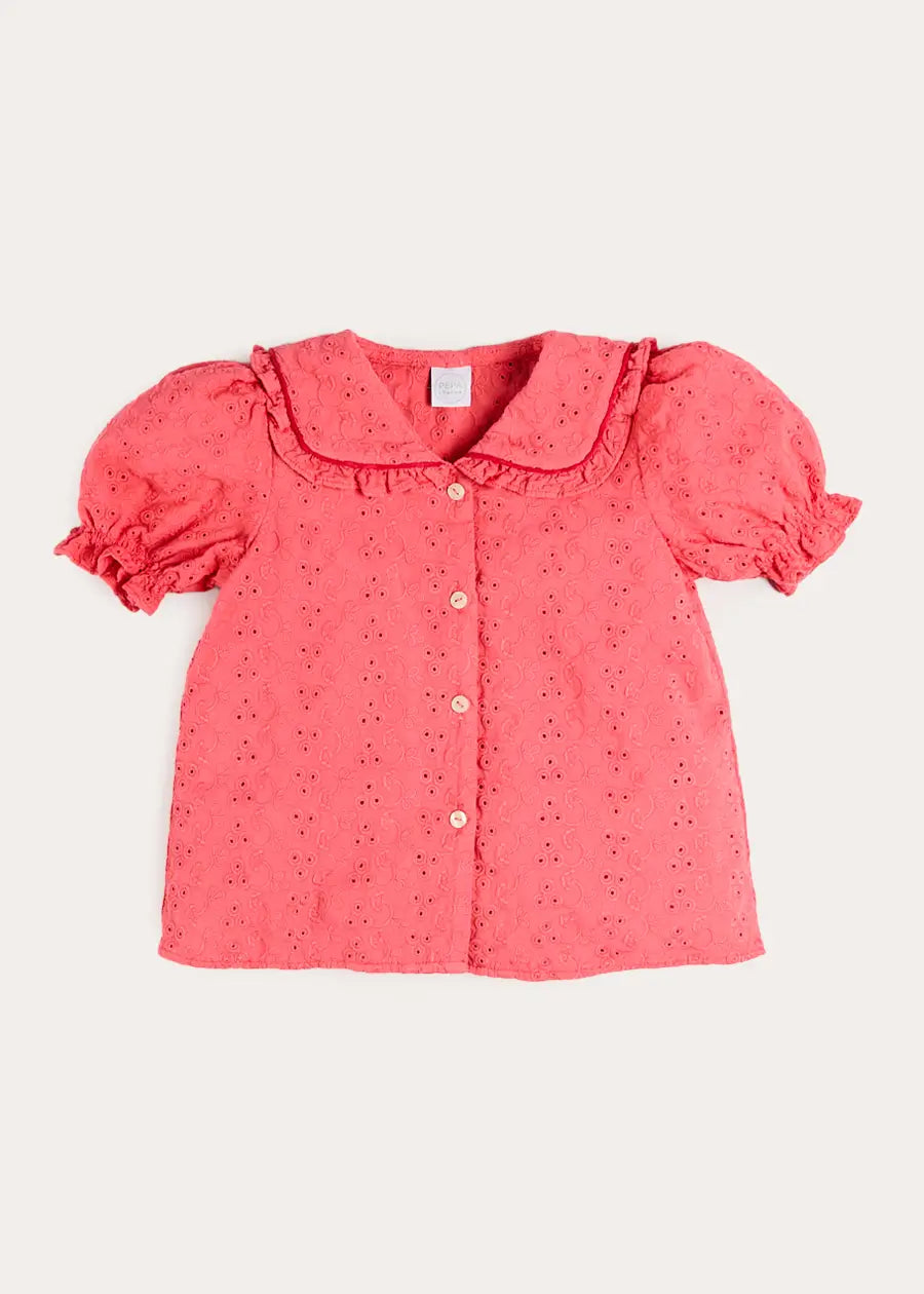 Broderie Anglaise Mariner Collar Blouse in Strawberry (4-12yrs) Blouses from Pepa London