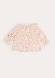 Martha Floral Ruffle Collar Lace Trim Long Sleeve Blouse in Pink (1mth-12mths) Blouses from Pepa London
