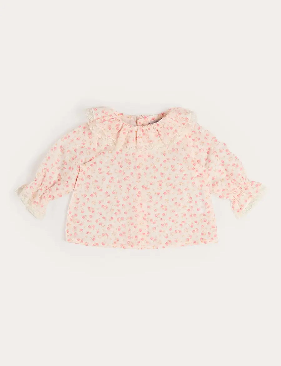 Martha Floral Ruffle Collar Lace Trim Long Sleeve Blouse in Pink (1mth-12mths) Blouses from Pepa London
