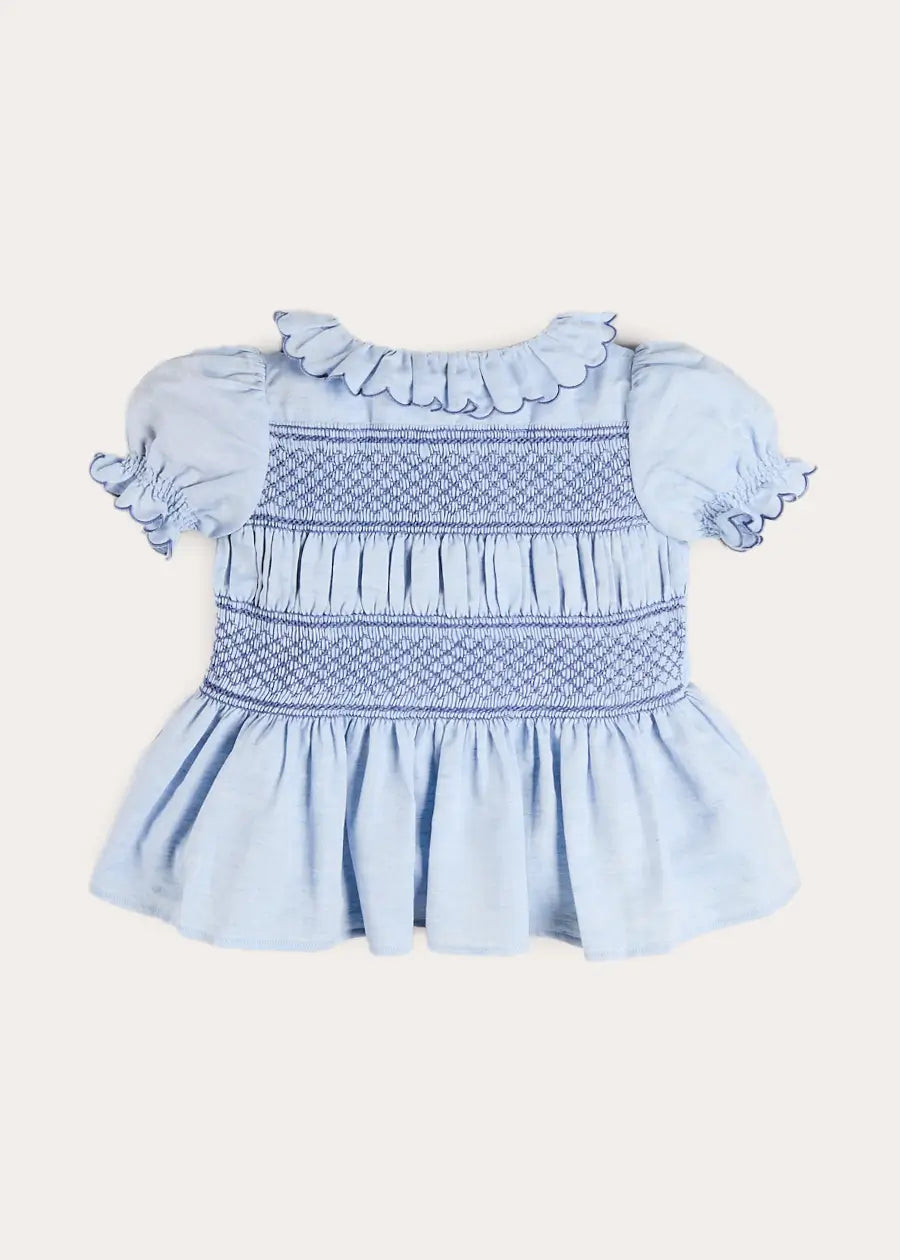 Smocked Peplum Scallop Collar Blouse in Blue (2-12yrs) Blouses from Pepa London