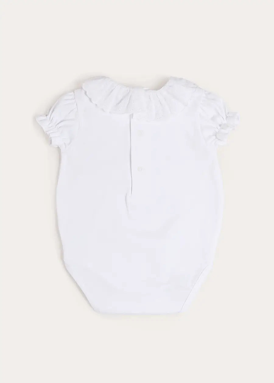Broderie Anglaise Frill Collar Bodysuit in White (1mth-3yrs) Tops & Bodysuits from Pepa London