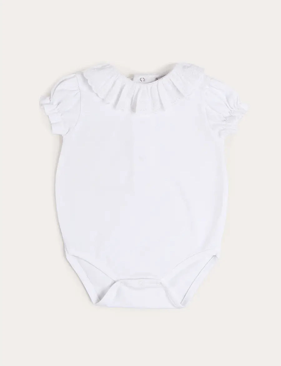 Broderie Anglaise Frill Collar Bodysuit in White (1mth-3yrs) Tops & Bodysuits from Pepa London