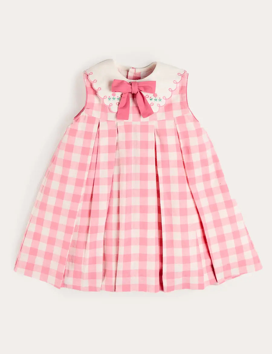 Catherine Gingham Embroidered Sleeveless Trapeze Dress in Pink (12mths- 10yrs) Dresses from Pepa London