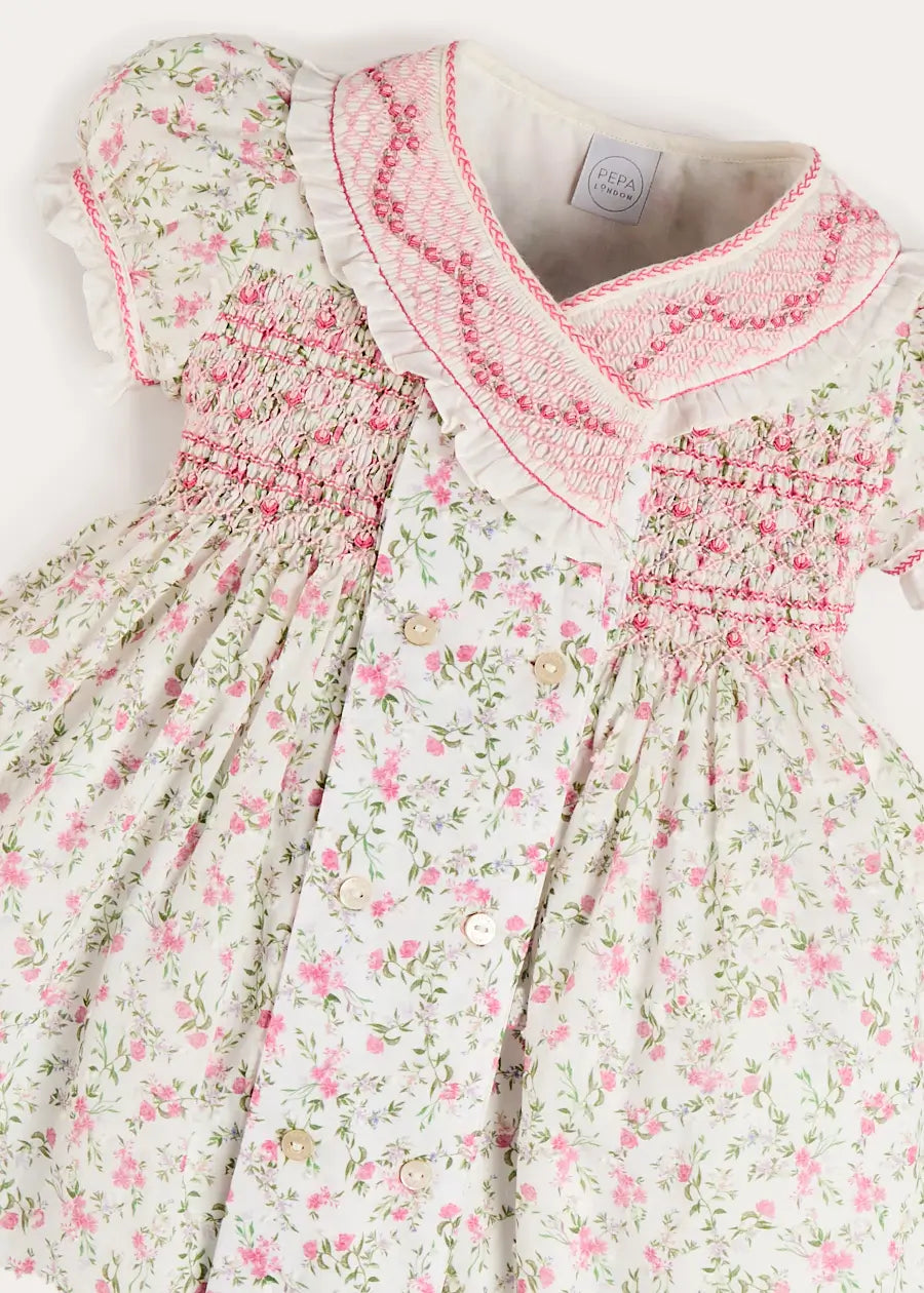 Alice Floral Double Breasted Hand Smocked Dress in Pink (12mths- 10yrs) Dresses from Pepa London