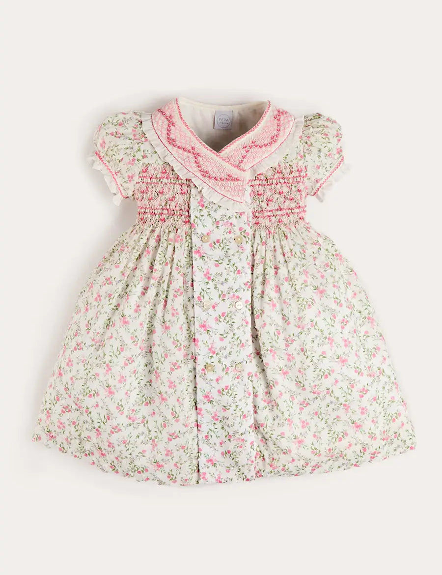 Alice Floral Double Breasted Hand Smocked Dress in Pink (12mths- 10yrs) Dresses from Pepa London