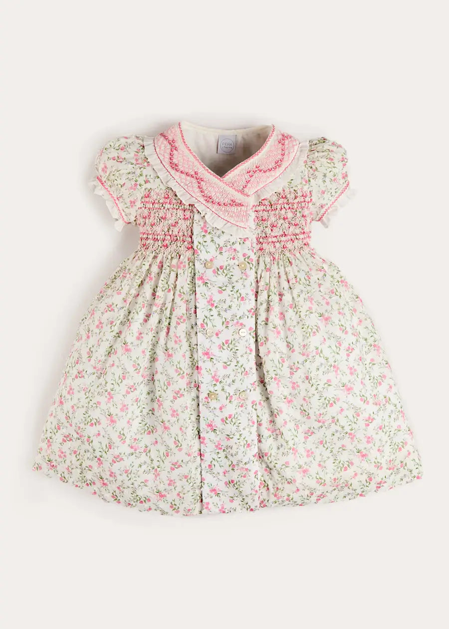 Alice Floral Double Breasted Hand Smocked Dress in Pink | Pepa London Alice Floral Double Breasted Hand Smocked Dress in Pink | Pepa London