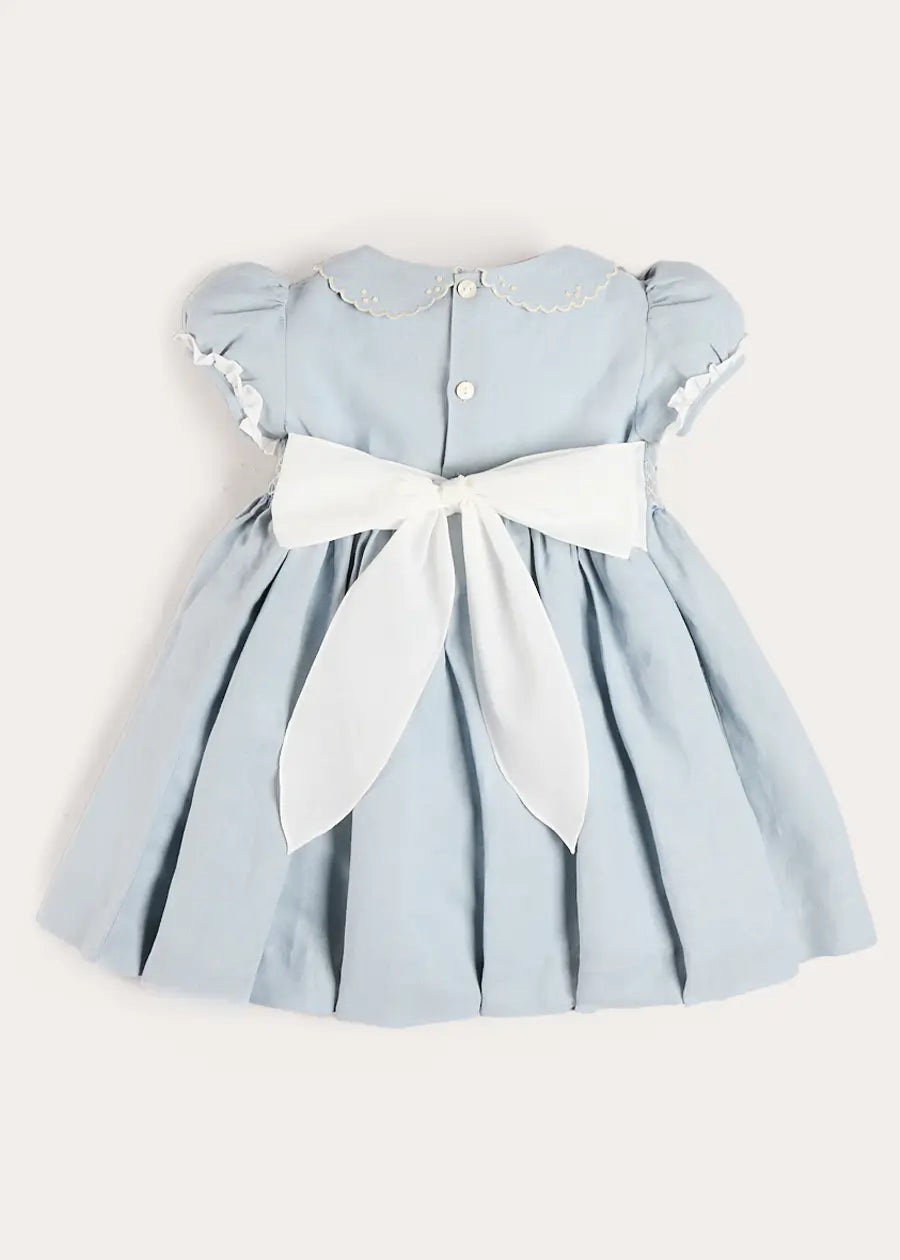 Hand Smocked Peter Pan Collar Short Sleeve Dress in Sky Blue (12mths-10yrs) Dresses from Pepa London