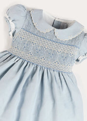 Hand Smocked Peter Pan Collar Short Sleeve Dress in Sky Blue (12mths-10yrs) Dresses from Pepa London