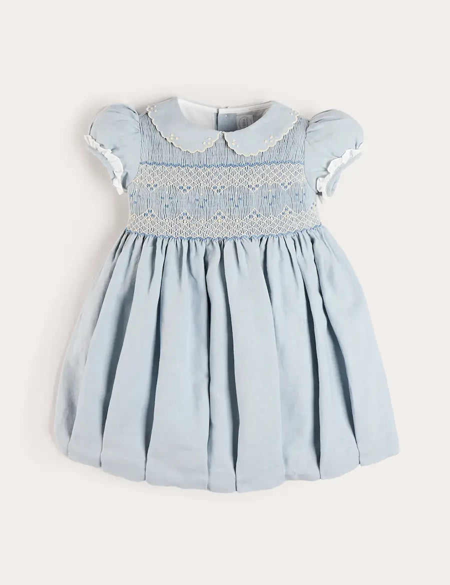 Hand Smocked Peter Pan Collar Short Sleeve Dress in Sky Blue (12mths-10yrs) Dresses from Pepa London