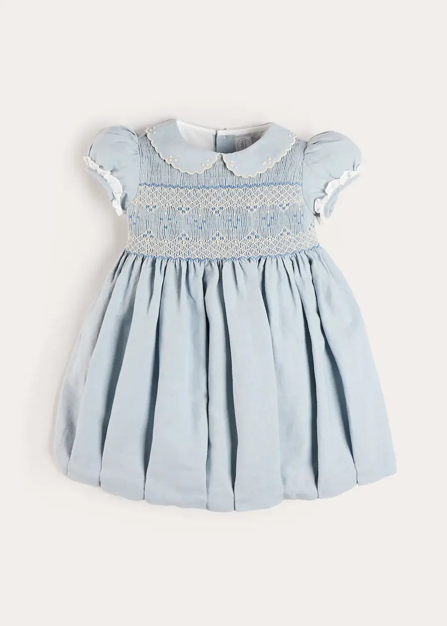 Hand Smocked Peter Pan Collar Short Sleeve Dress in Sky Blue (12mths-10yrs) Dresses from Pepa London