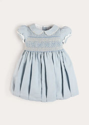 Hand Smocked Peter Pan Collar Short Sleeve Dress in Sky Blue (12mths-10yrs) Dresses from Pepa London