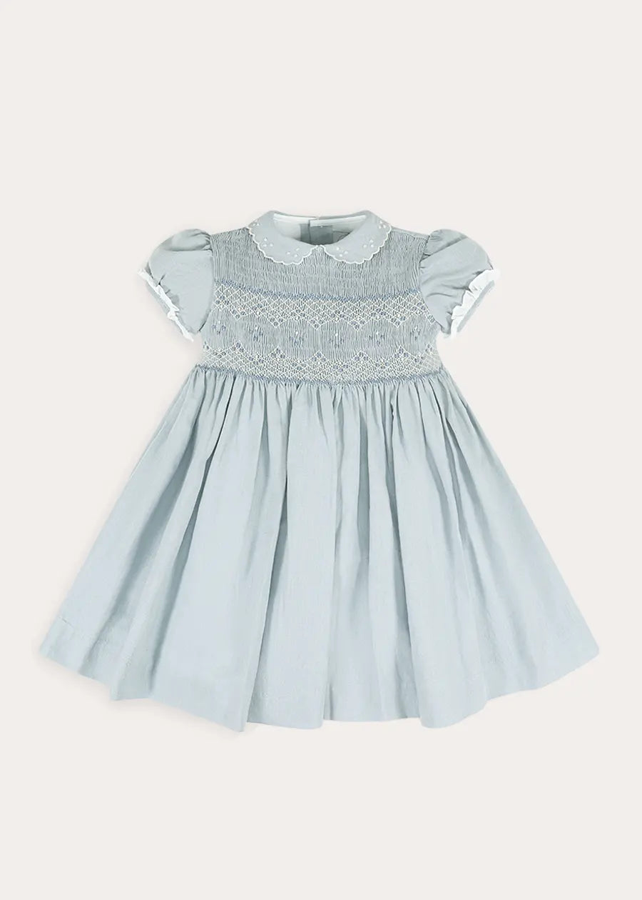 Hand Smocked Peter Pan Collar Short Sleeve Dress in Sky Blue (12mths-10yrs) DRESSES from Pepa London