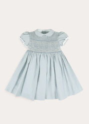 Hand Smocked Peter Pan Collar Short Sleeve Dress in Sky Blue (12mths-10yrs) DRESSES from Pepa London