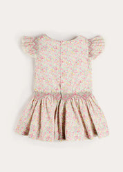 Adelaide Floral Smocked Cap Sleeve Drop Waist Dress in Pink (4-12yrs) Dresses from Pepa London