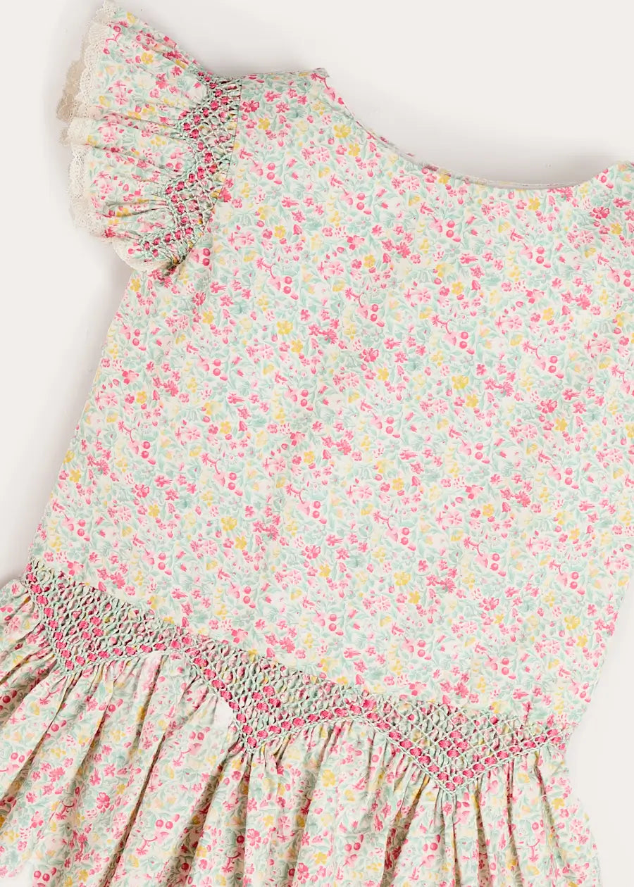Adelaide Floral Smocked Cap Sleeve Drop Waist Dress in Pink (4-12yrs) Dresses from Pepa London