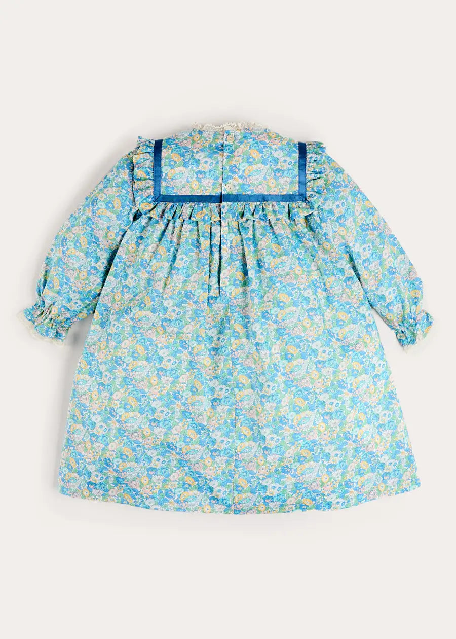 Leontyne Floral Bow Detail Long Sleeve Trapeze Dress in Blue Made with Liberty Fabric (18mths- 10yrs) Dresses from Pepa London